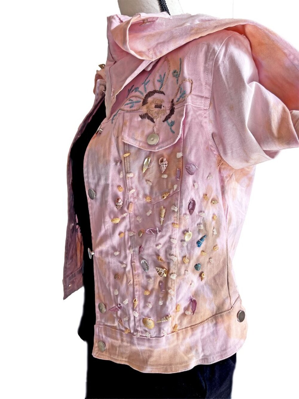 ANTICA Italy Pink Denim Trucker Jacket Seashell Crochet Coastal Boho XS - Picture 9 of 13